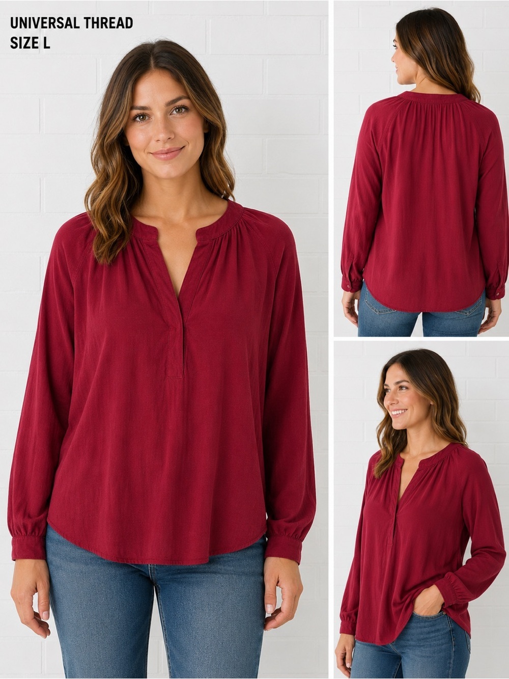 Universal Thread Women's Long-Sleeve V-Neck 100% cotton Blouse Burgundy/L